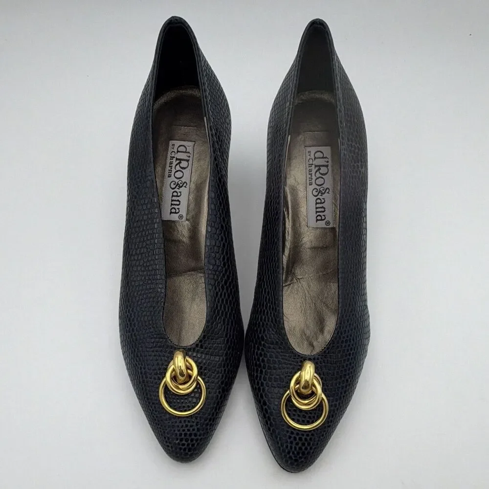d'Rosana by Charna Black Reptile Embossed Leather Pumps Gold Hardware US 7 M